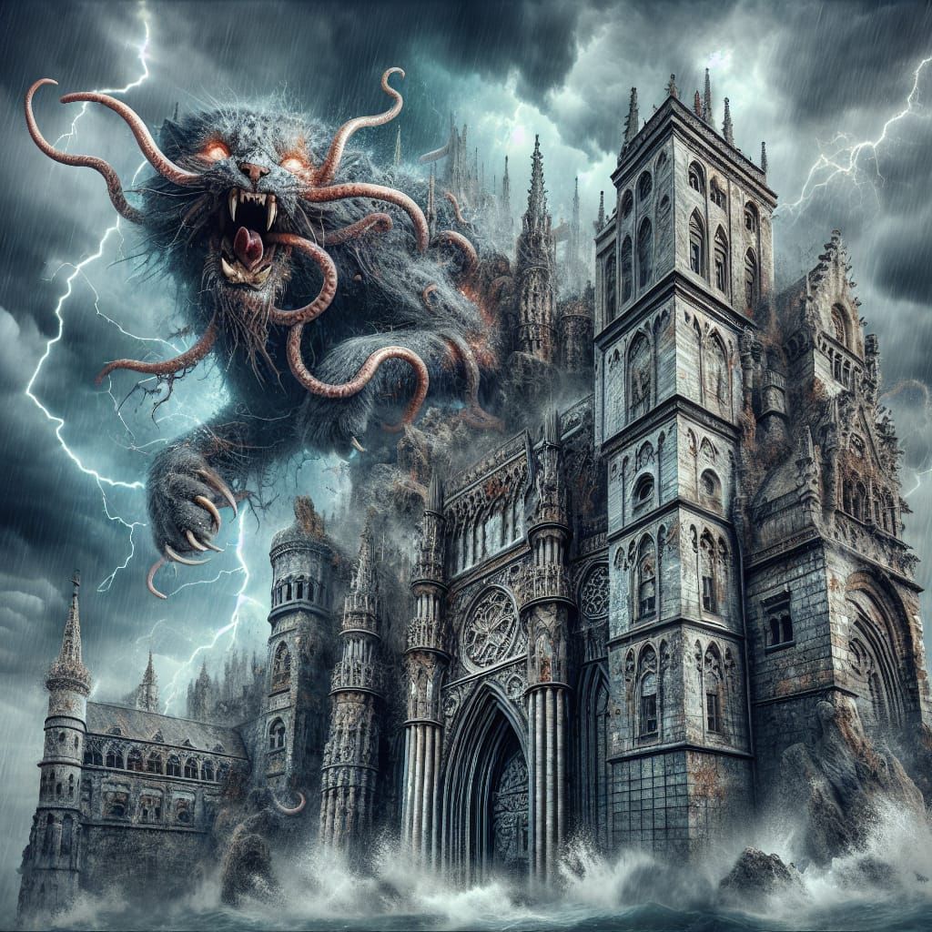 Monstrous Cat Climbs Gothic Castle in Digital Painting