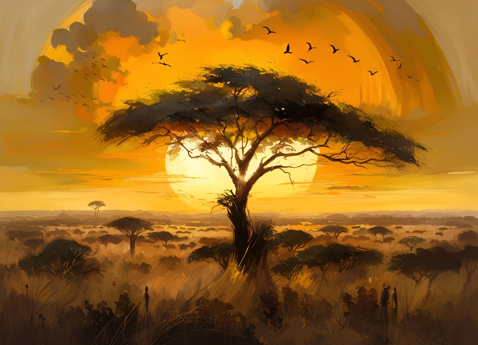 African Savannah Sunset Landscape in Painterly Style