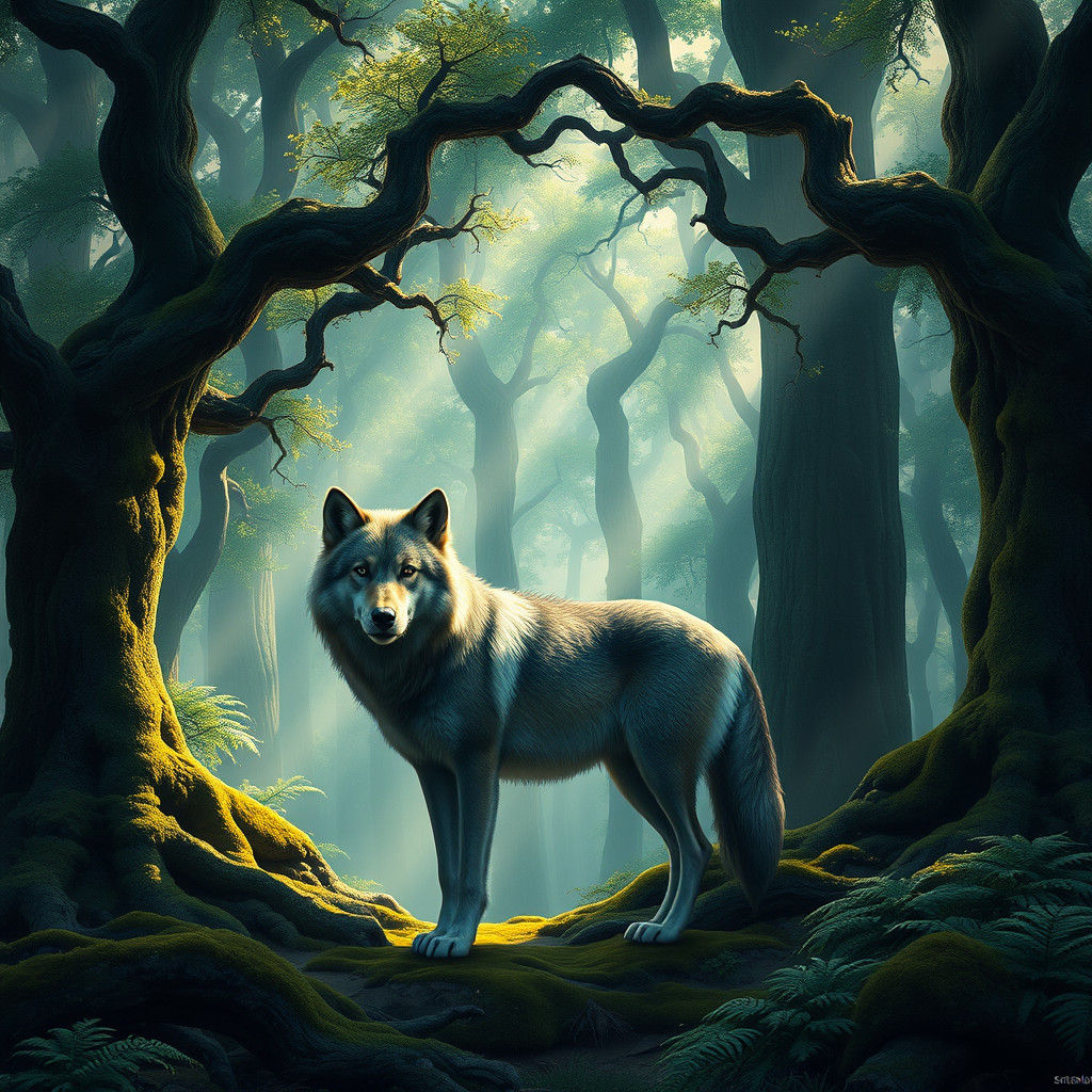 Majestic Wolf in Mystical Forest Concept Art
