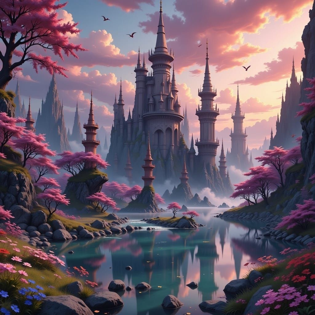 Fantasy Castle Landscape in Surreal Digital Art Style