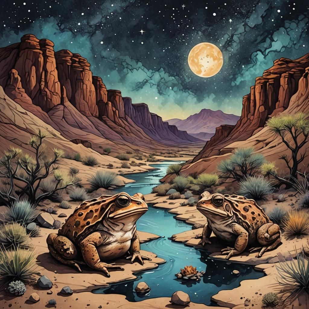 Desert Toads in Starry Canyon, Ink Splatter Art