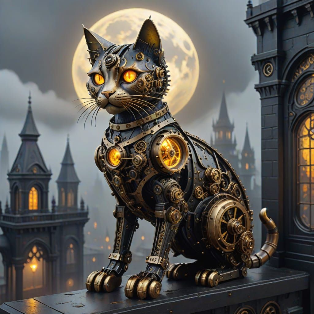 Steampunk Mechanical Cat on Gothic Wall
