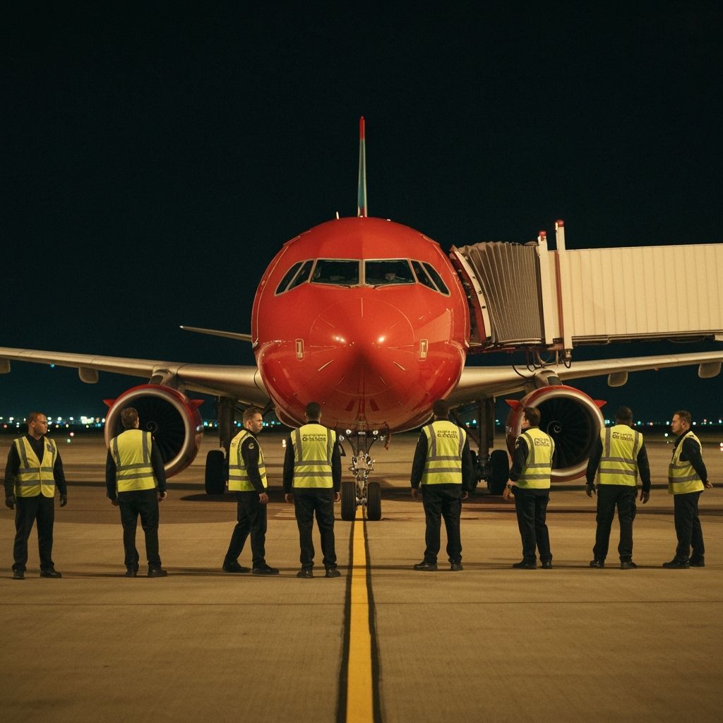Vibrant Airbus Directed by Ground Crew at Night