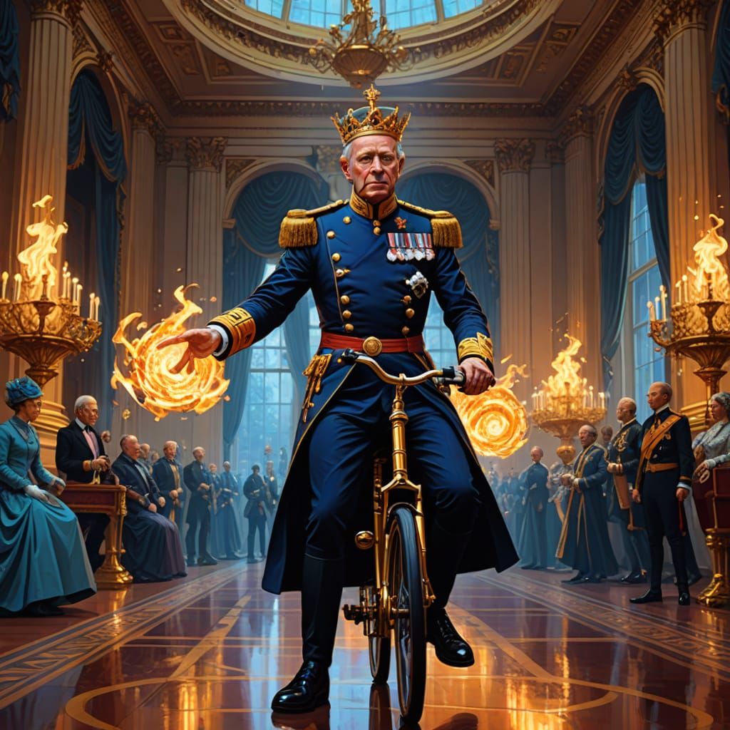 King Charles Juggles Fire on Unicycle in Futuristic Palace