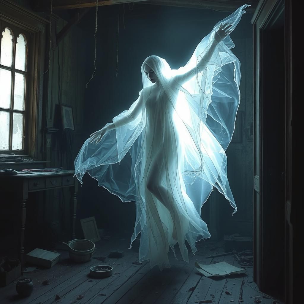 Ethereal Ghost Gliding Through Haunted House