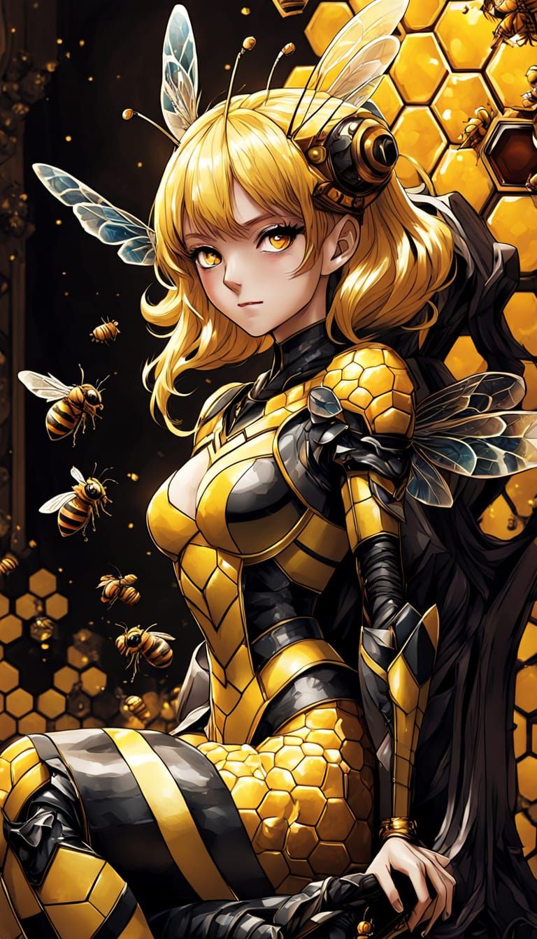 Anime-Style Queen Bee Goddess on Throne in Honeycomb Palace