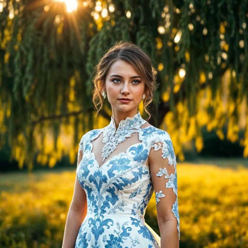 Ethereal Blue Wedding Dress in Chinoiserie Style beneath a W...