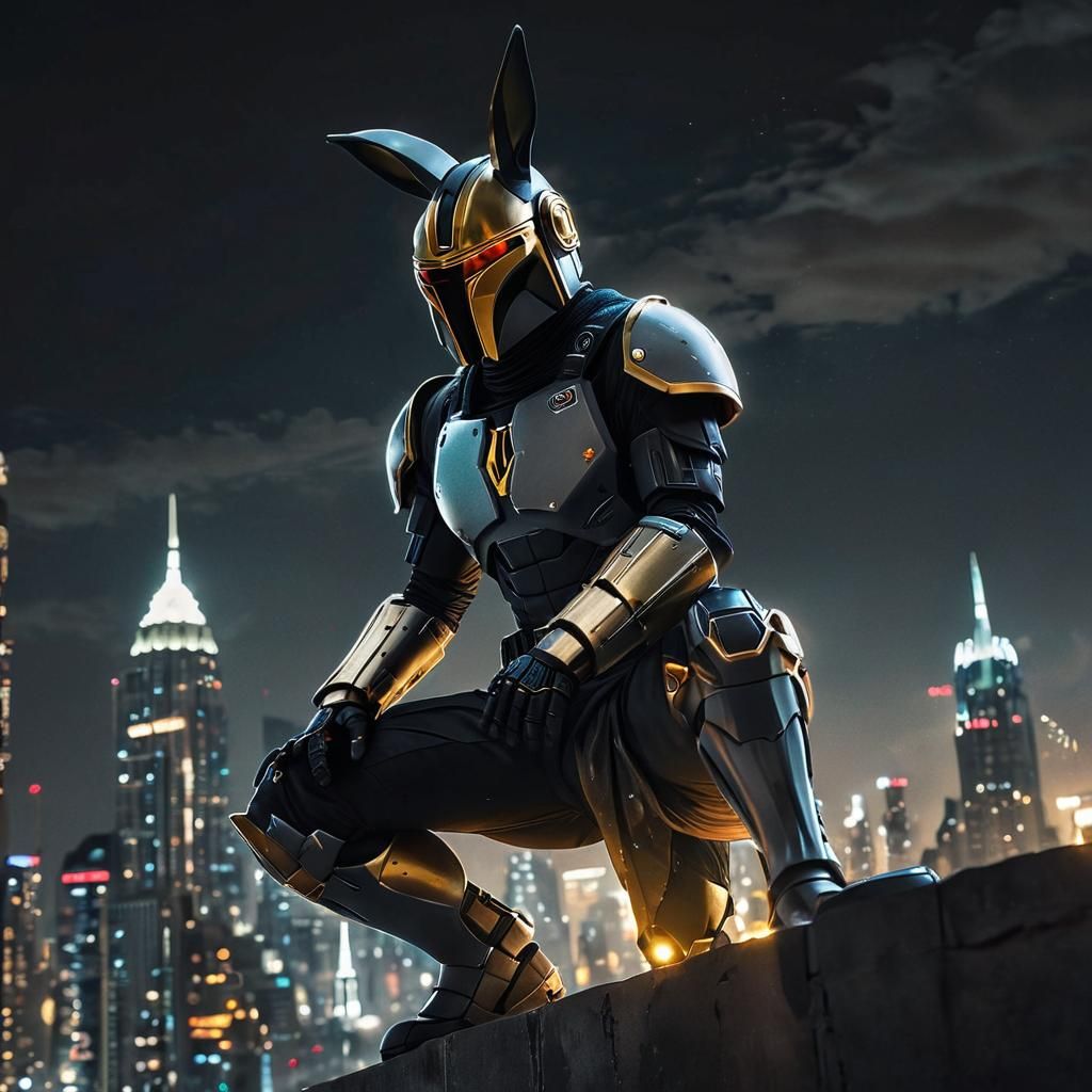 Biopunk Rabbit Warrior on Futuristic Skyline