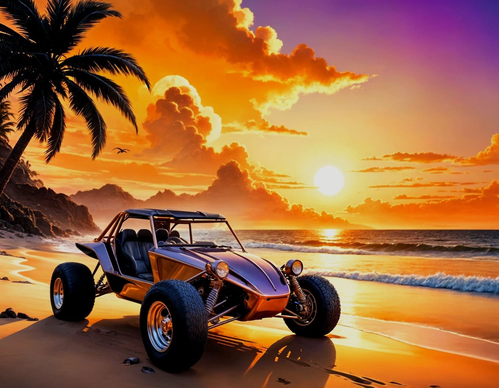 Purple Retro-Futuristic Dune Buggy in Sunset Glow