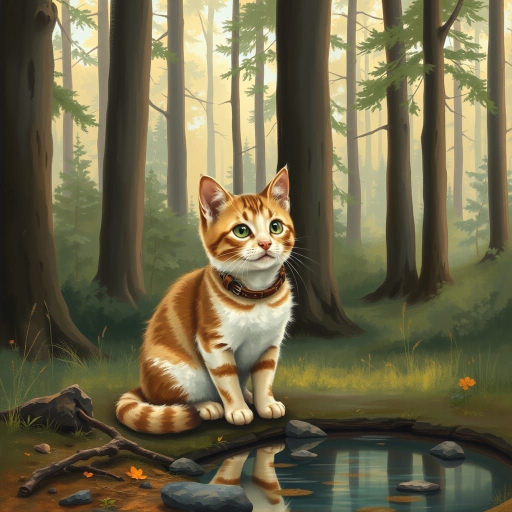 Cat in Forest Pond: Wildlife Art