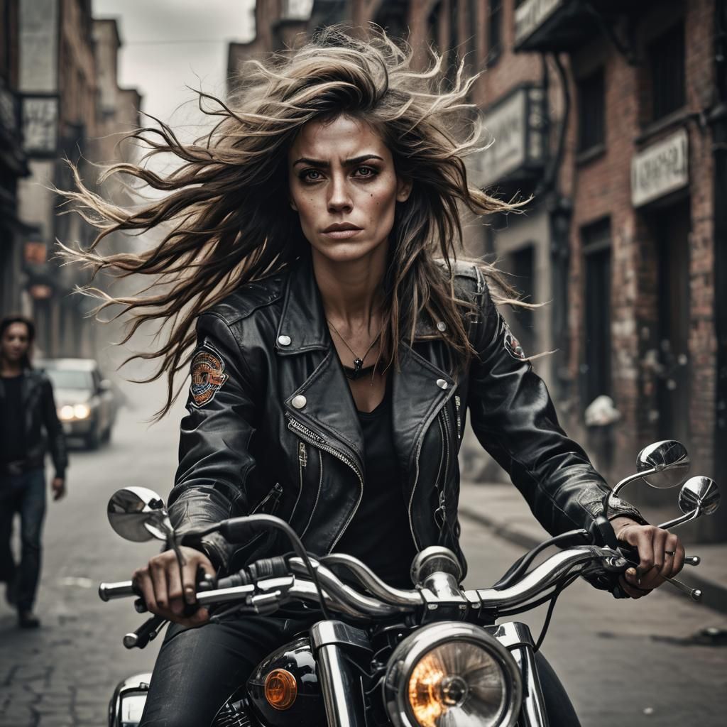 Robot Lady on Harley Davidson in Cyberpunk Style