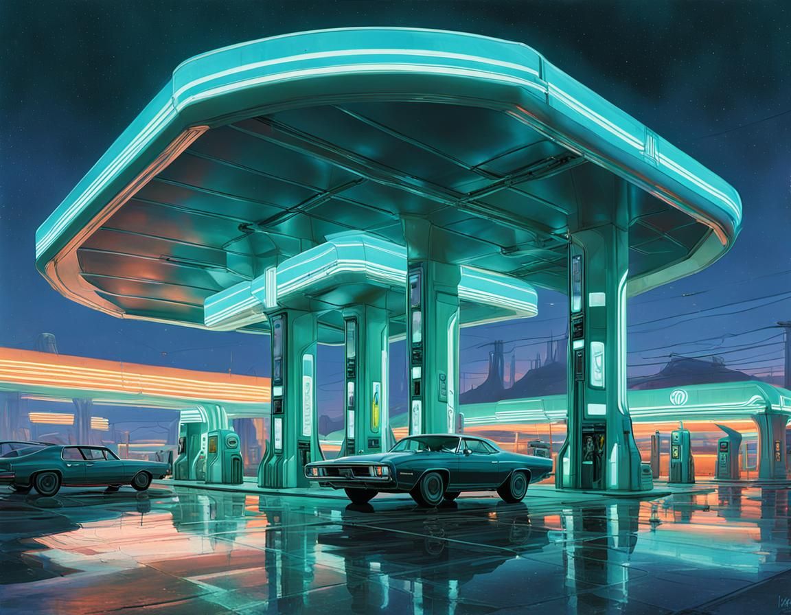Iridescent Gas Station Concept Art in Futuristic Style