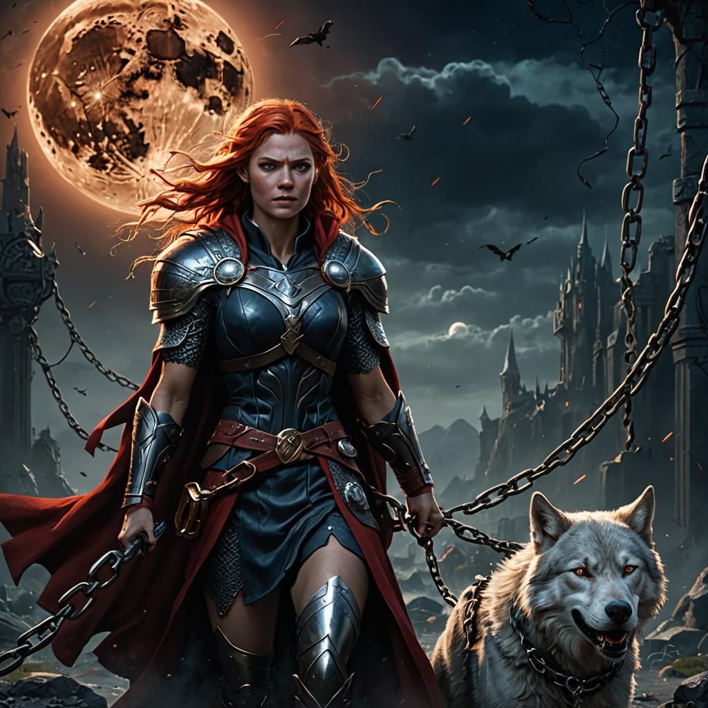 Lady Thor Leads Fenris Wolf: Fantasy Concept Art