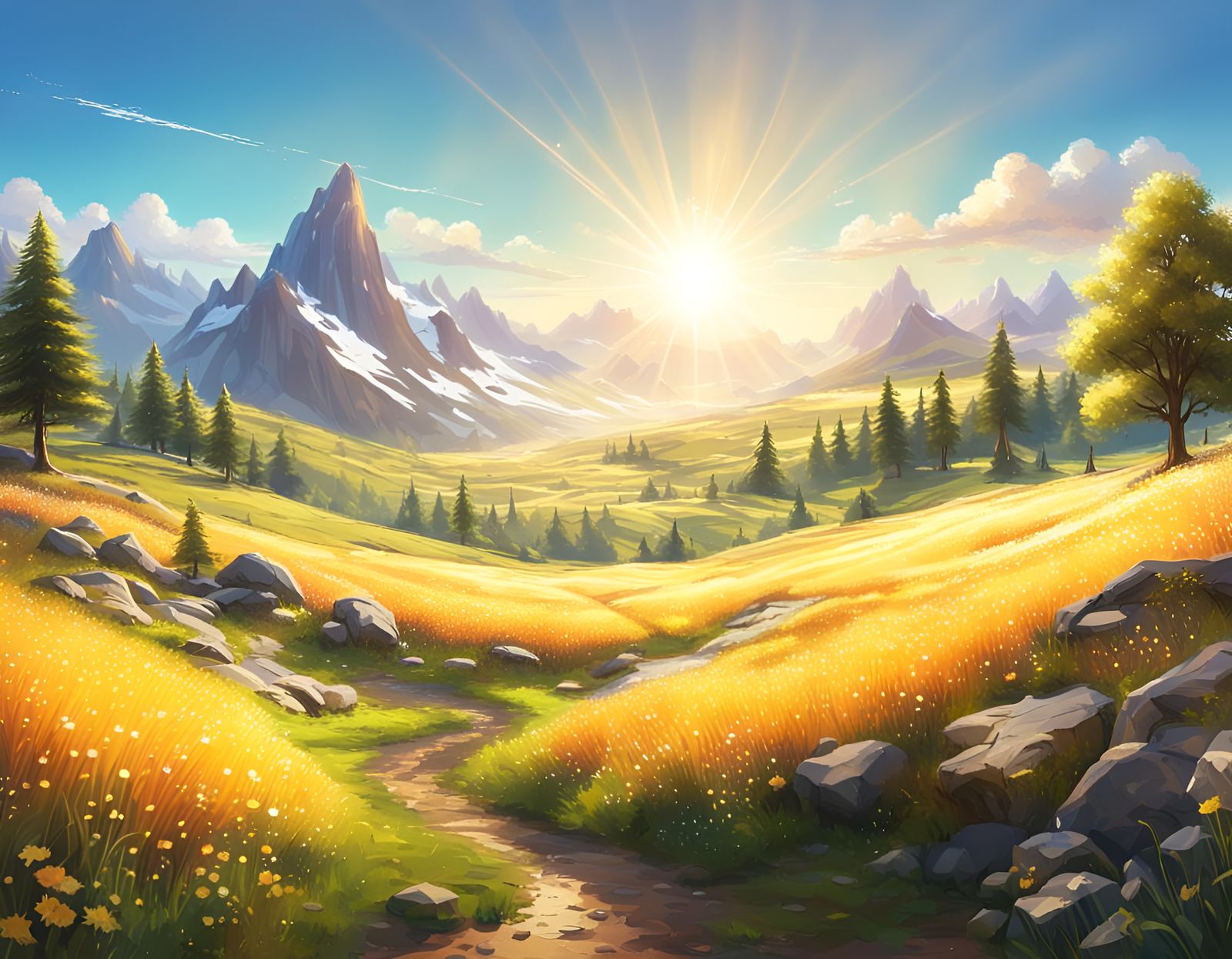 Sparkling Sunny Landscape of a Mountain Valley