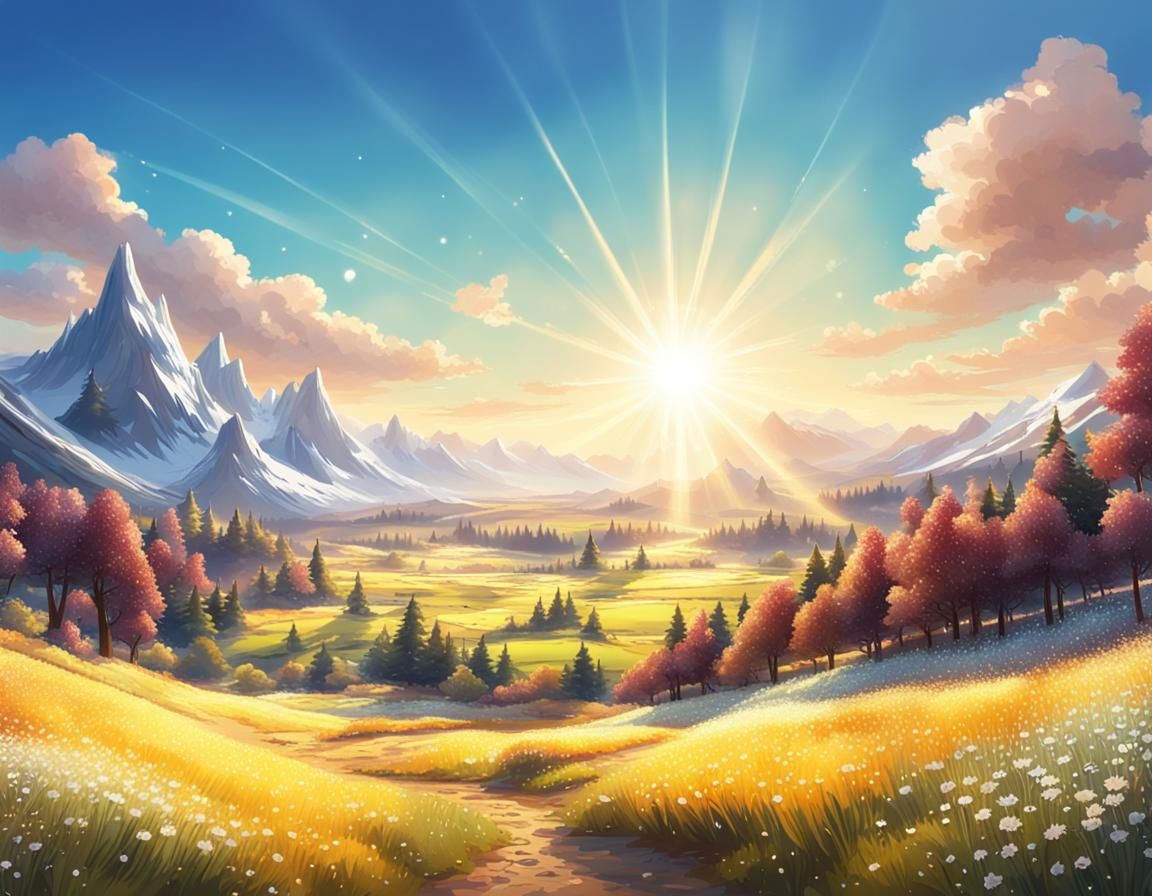 Sparkling Sunny Landscape in Mountain Valley