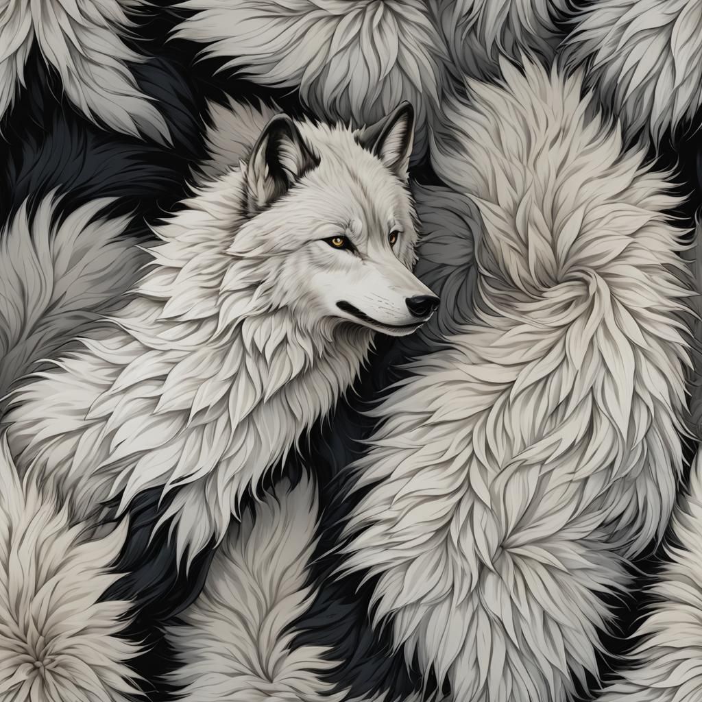 Half Black Half White Wolf in Anime Style