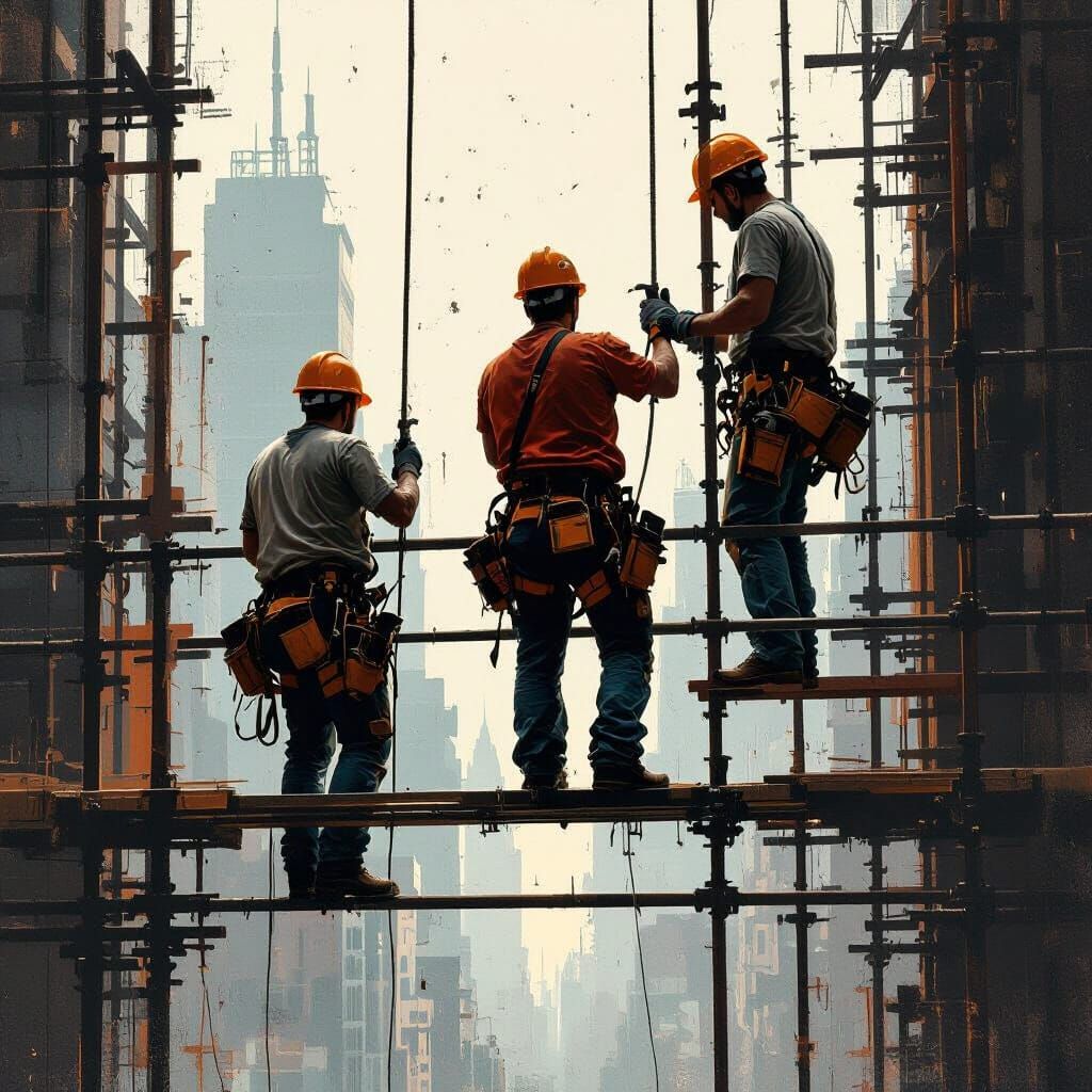Scaffolders Climb Cityscape: Stylized Realism