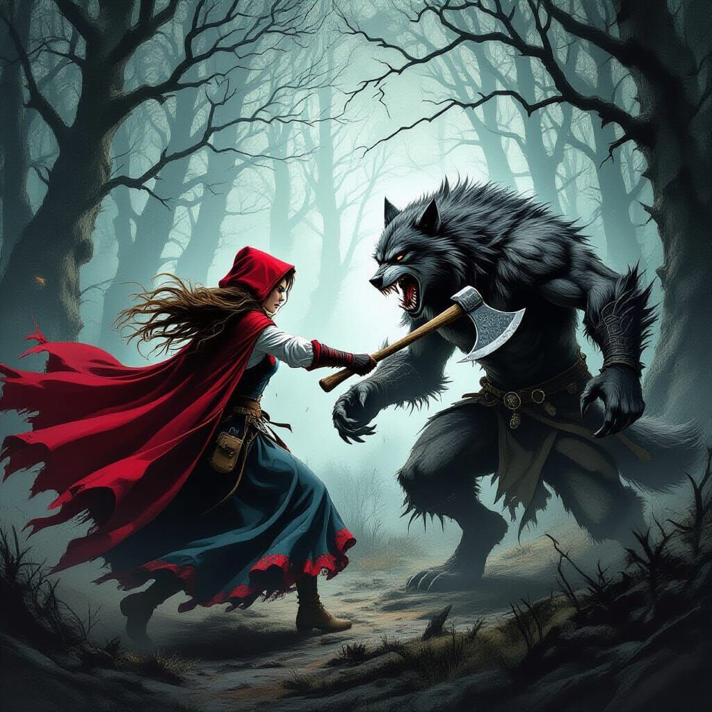 Red Riding Hood Battles Werewolf in Dark Fantasy Forest