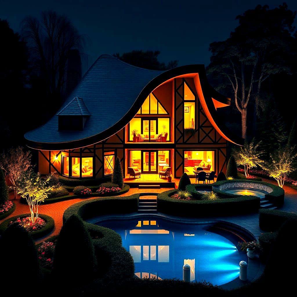 Stunning Shoe-Shaped Mansion in Nighttime Garden, with Geome...