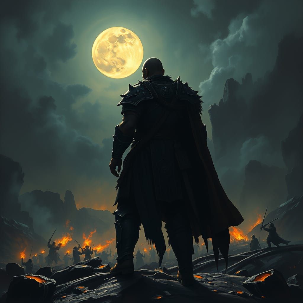 Dark Fantasy Warrior Stands Tall Against Epic Battle Scene