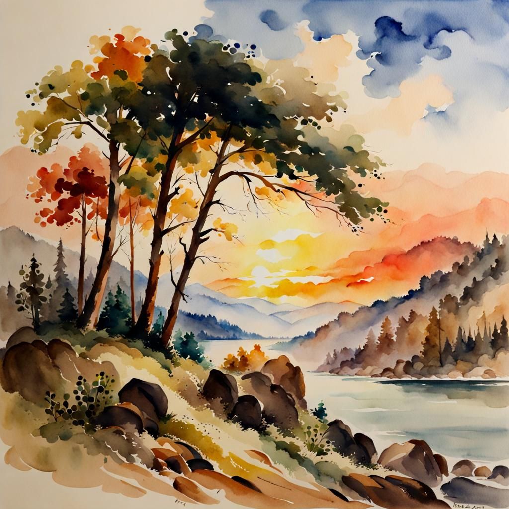 Watercolor Landscape in Thomas Moran Style
