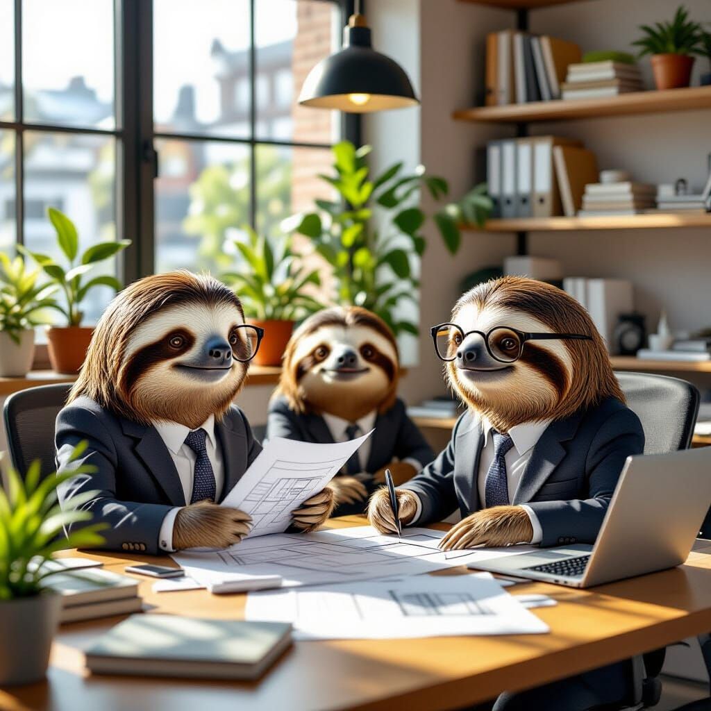 Whimsical Sloth Architects Working in Surreal Office