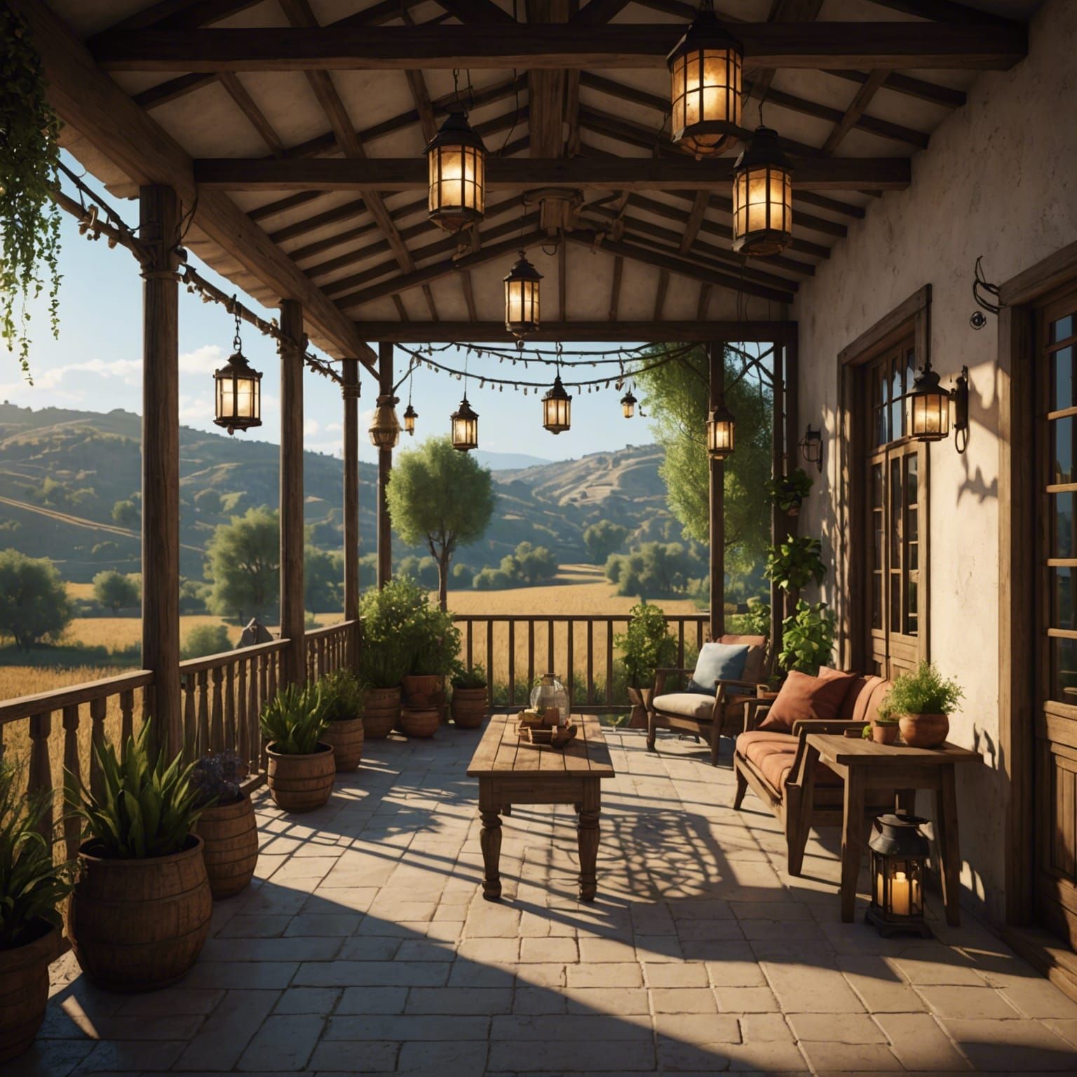 Spanish Farm Veranda with Dreamcatchers: 3D Render