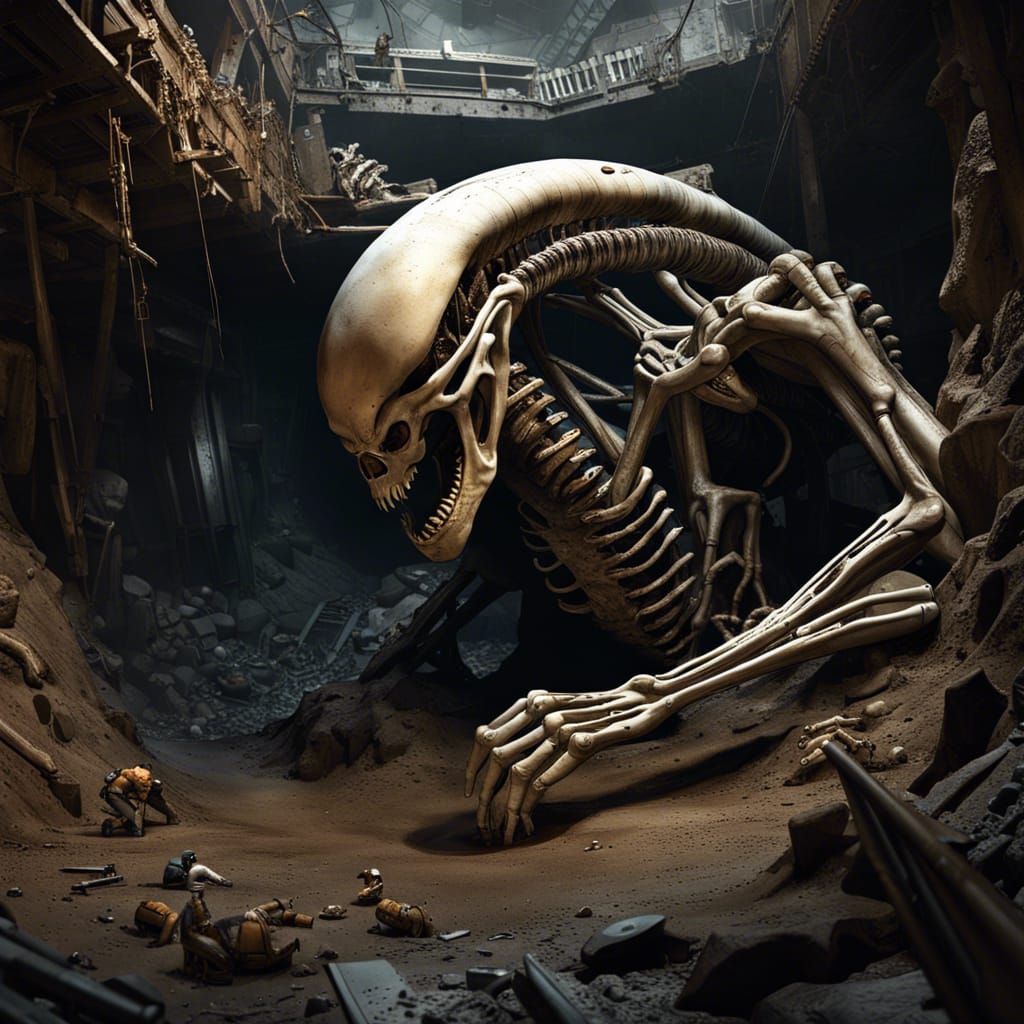 Excavation of Xenomorph Skeleton in Post-Apocalyptic World