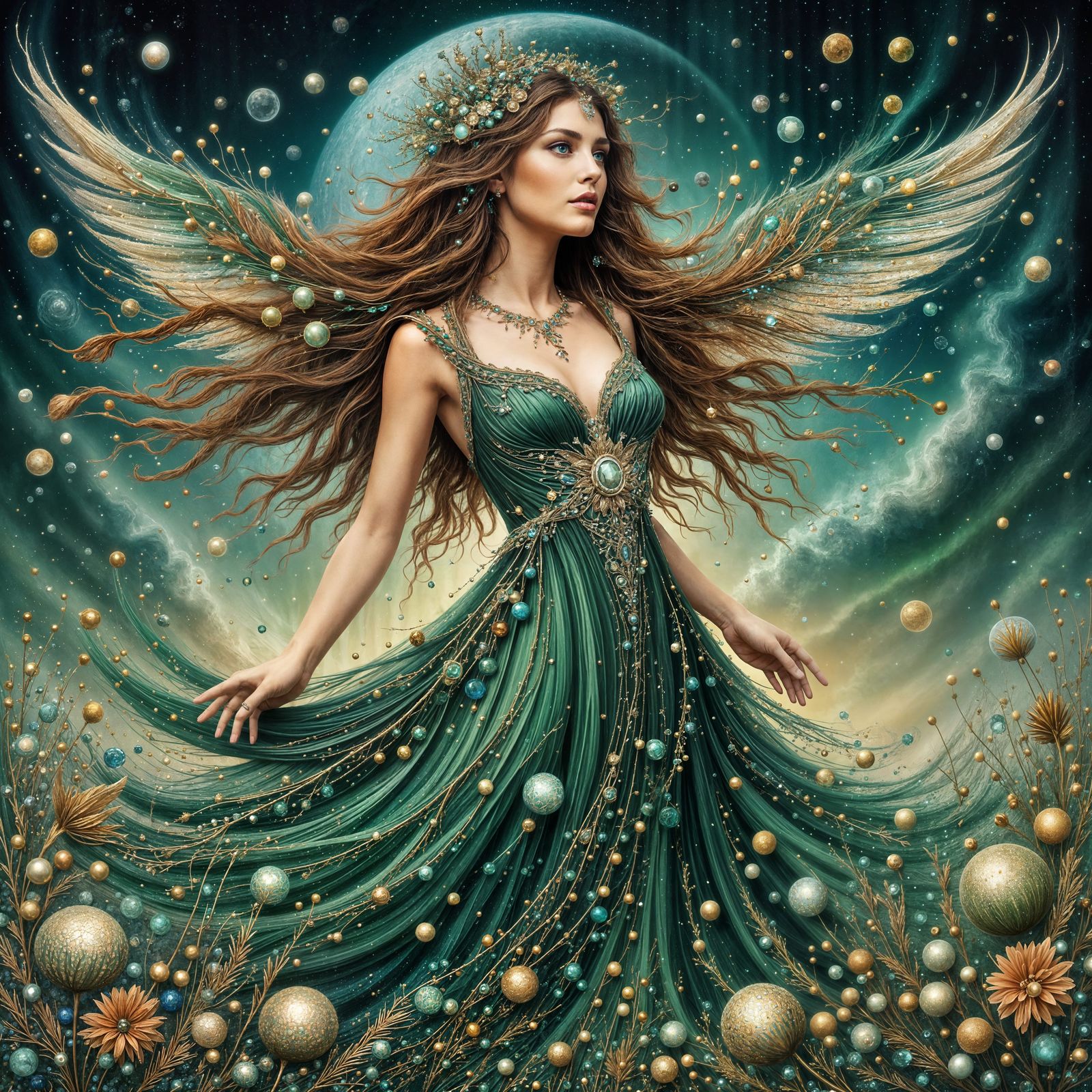 Virgo Goddess in Emerald Green Digital Painting