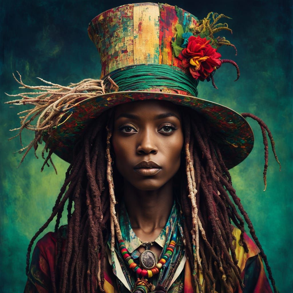 Afrofuturist Mad Hatter with Dreadlocks in Wonderland