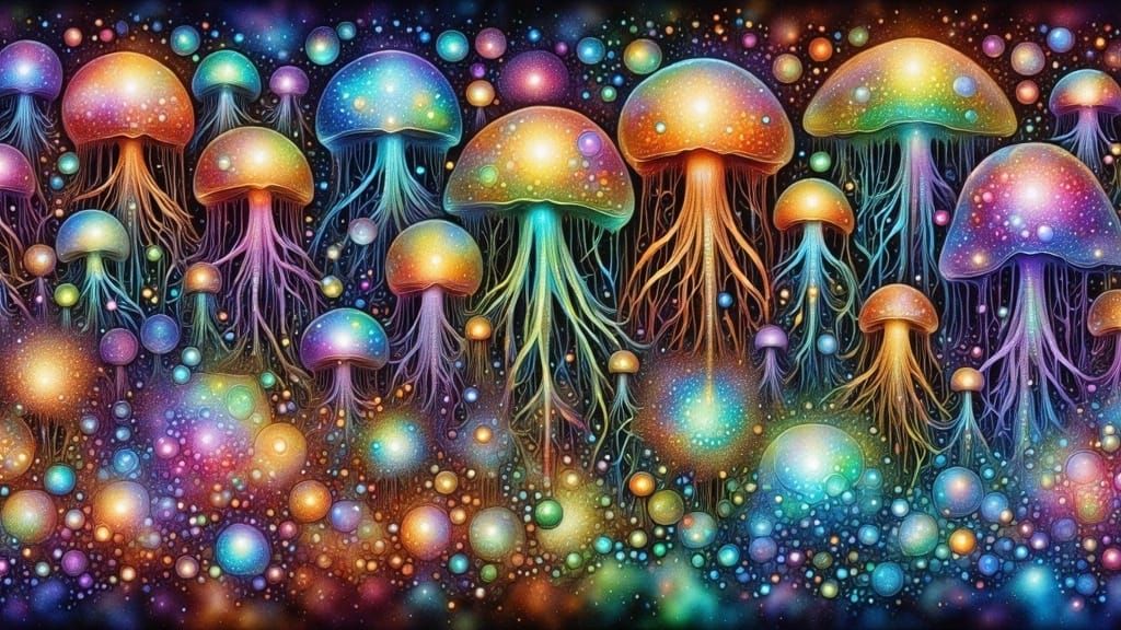 Ethereal Jellyfish in Cosmic Watercolor Background