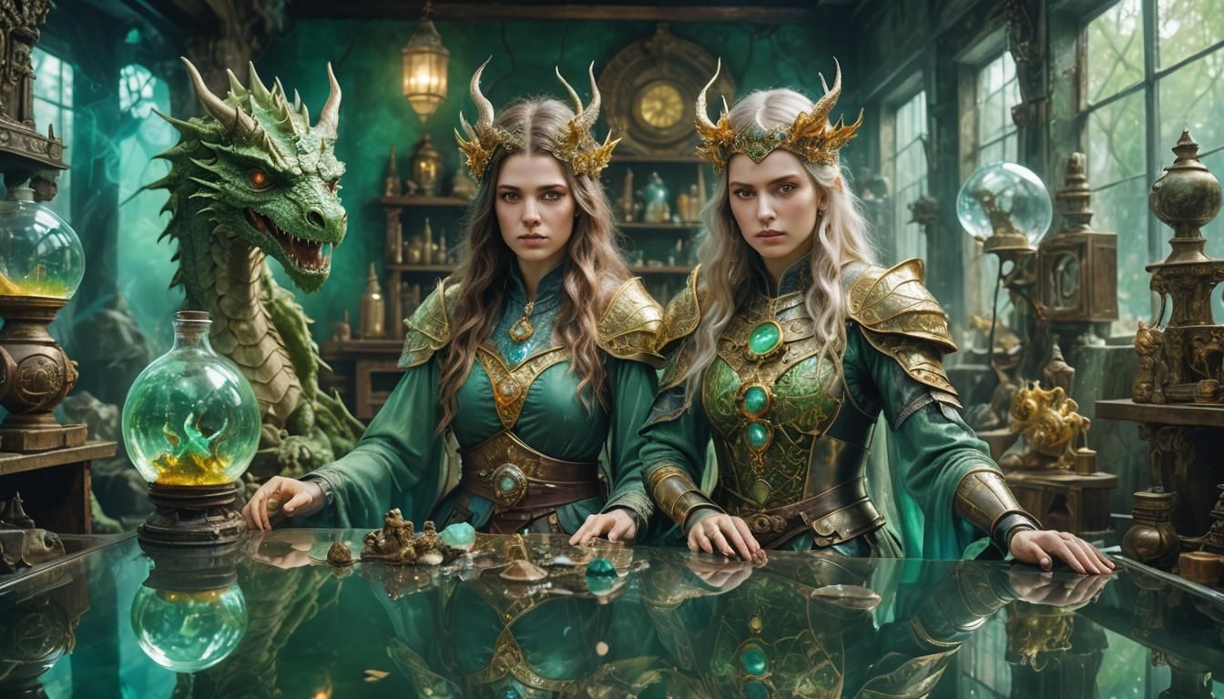 Wizard, Knight, and Dragon Double Exposure