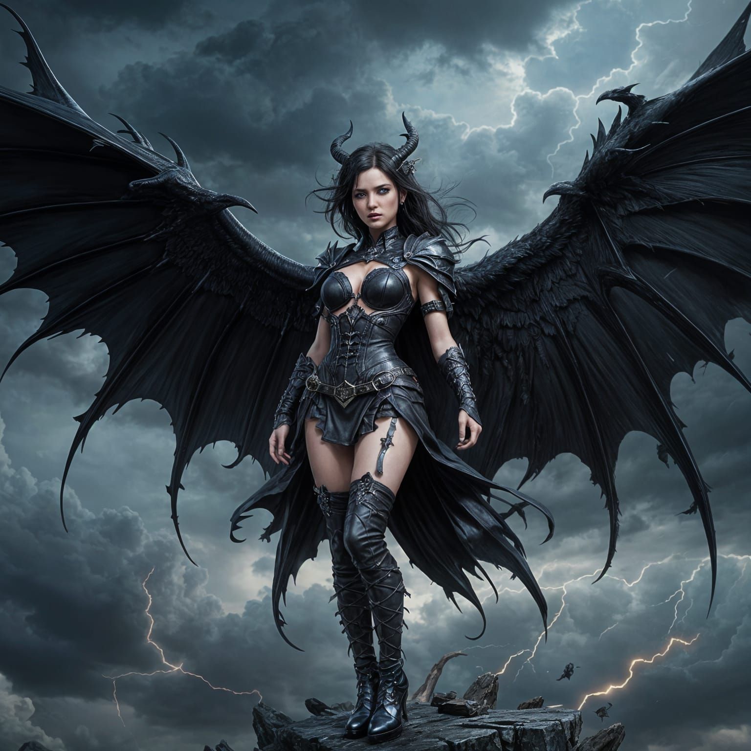 Gothic Demoness Soars Amidst Dark Stormy Skies in a Vibrant,...