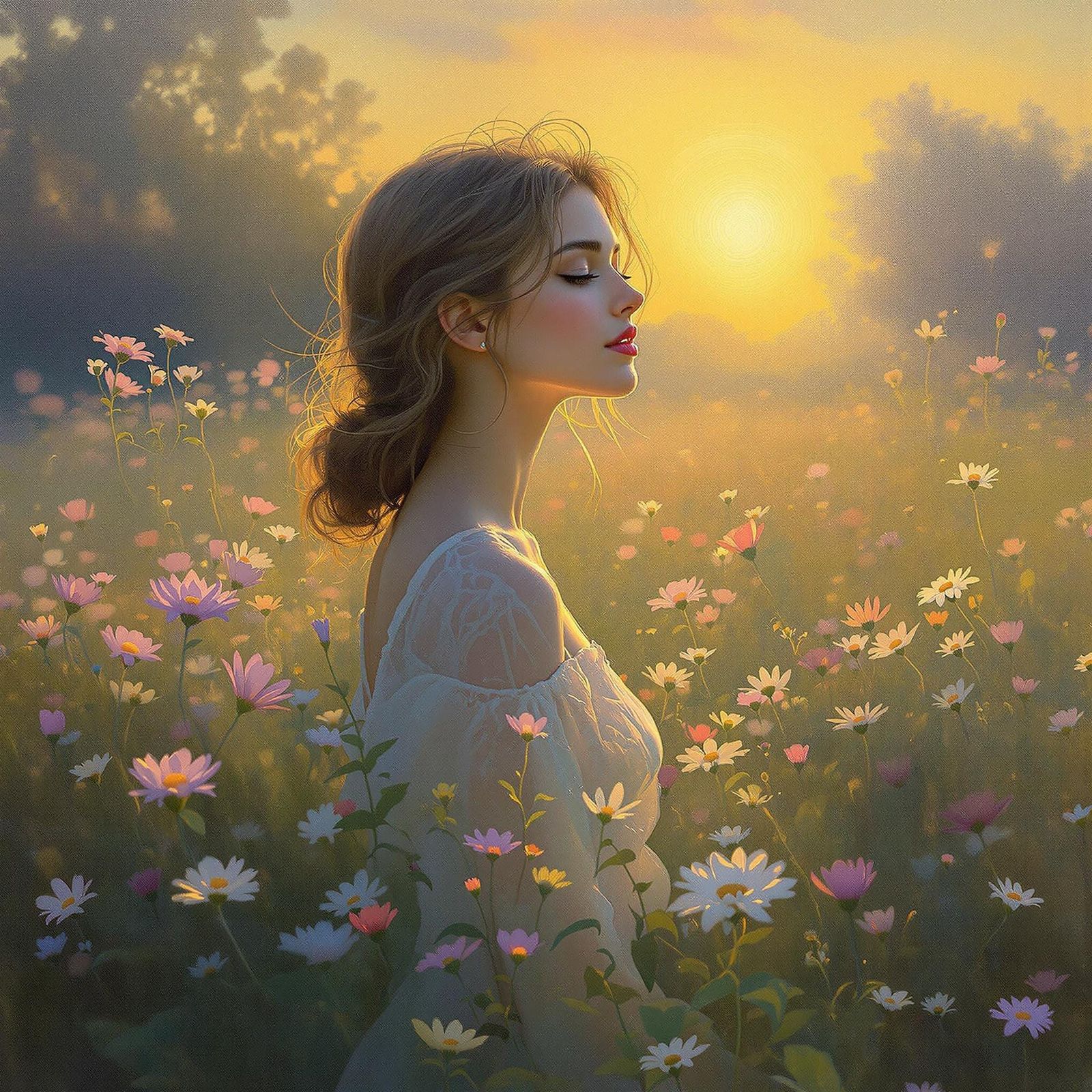 Young Woman Surrounded by Wildflowers in Soft Morning Light