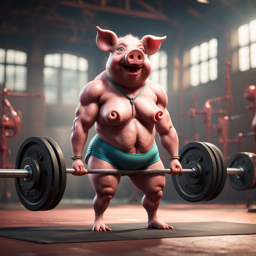 Muscular Anthropomorphic Pig Deadlifting Pork: Detailed Matt...