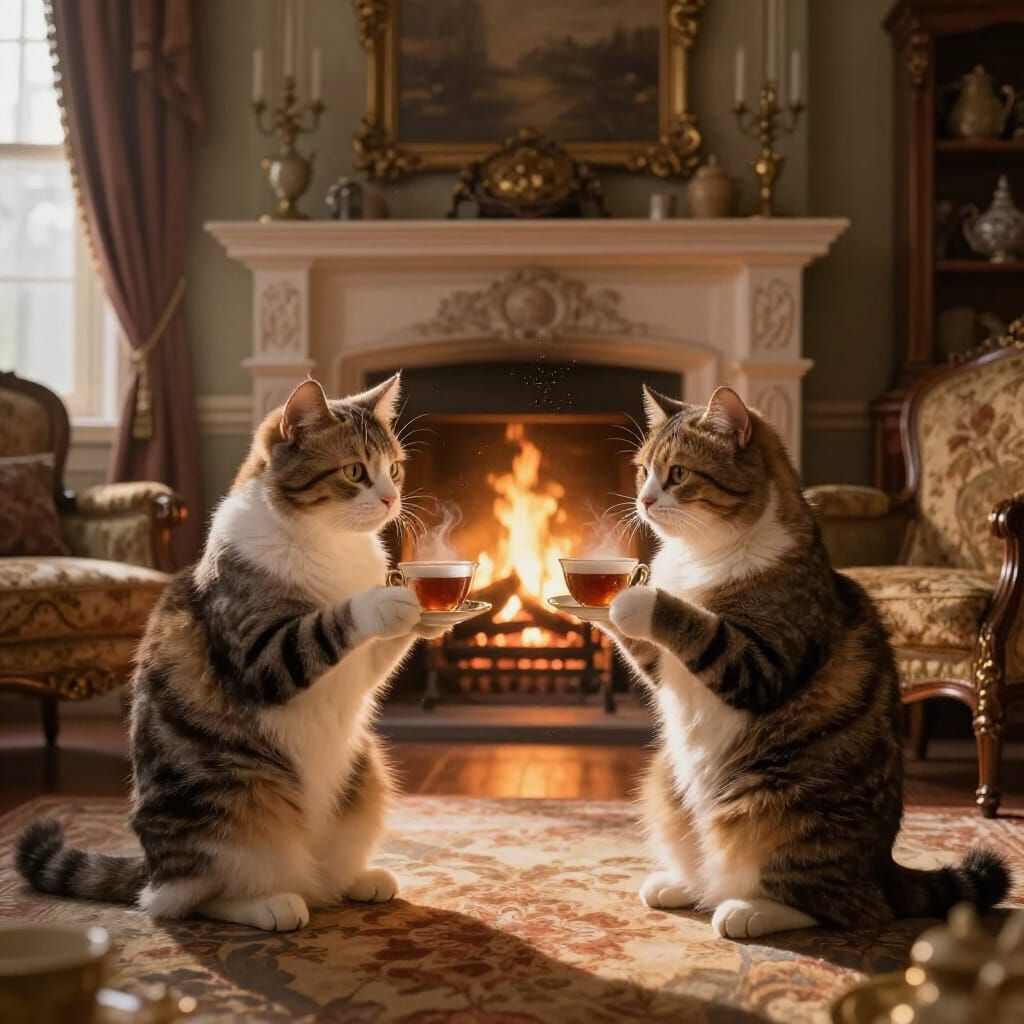 Cats Enjoying Tea in Sunlit Victorian Room