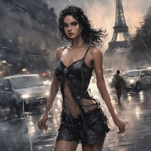 French Girl Portrait in Rainy Paris, Splash Art Style