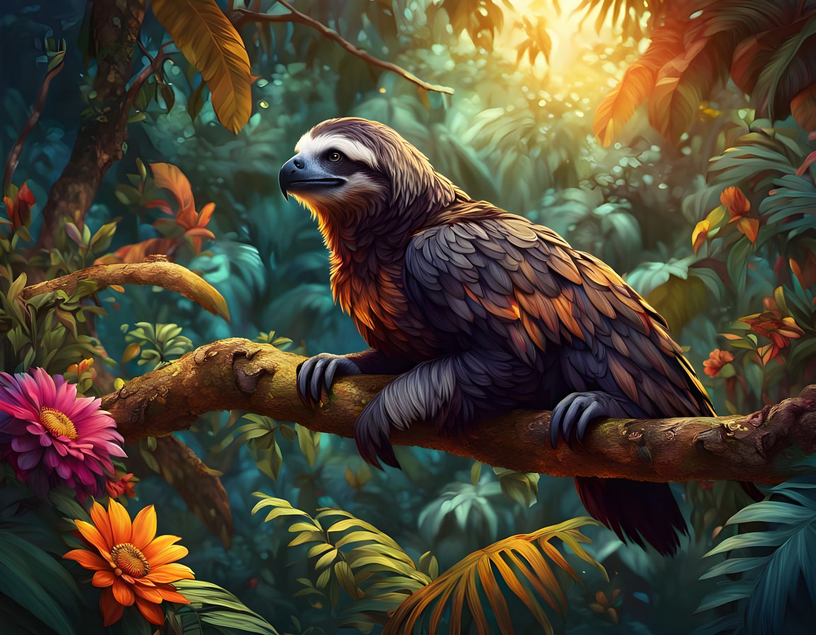 Sloth Eagle Hybrid Lounging Among Multicoloured Flowers