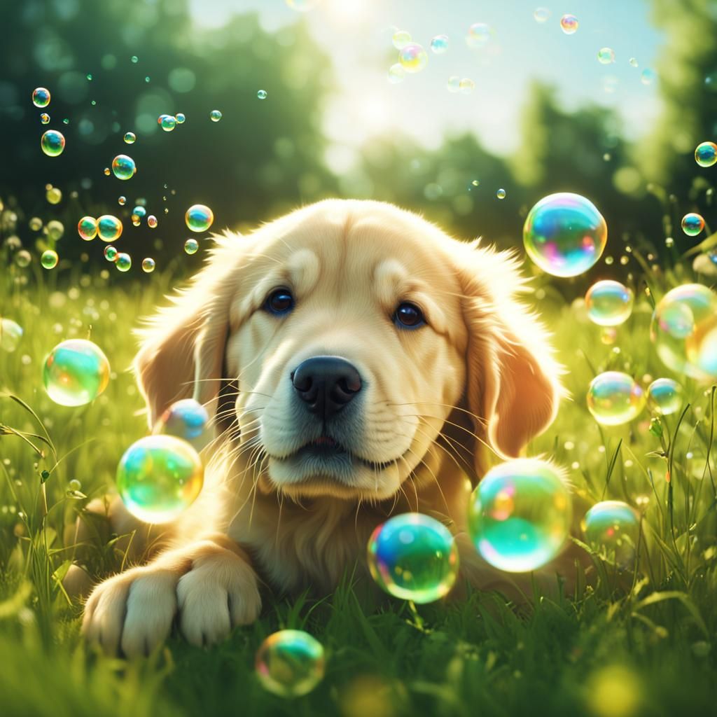 Anime Golden Retriever Puppy Popping Bubbles