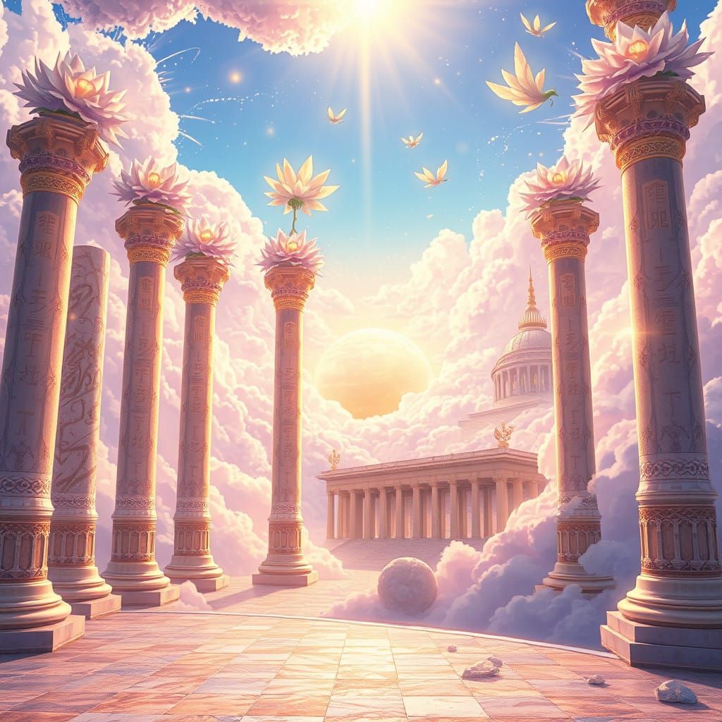 Celestial Landscape with Golden Light and Marble Columns