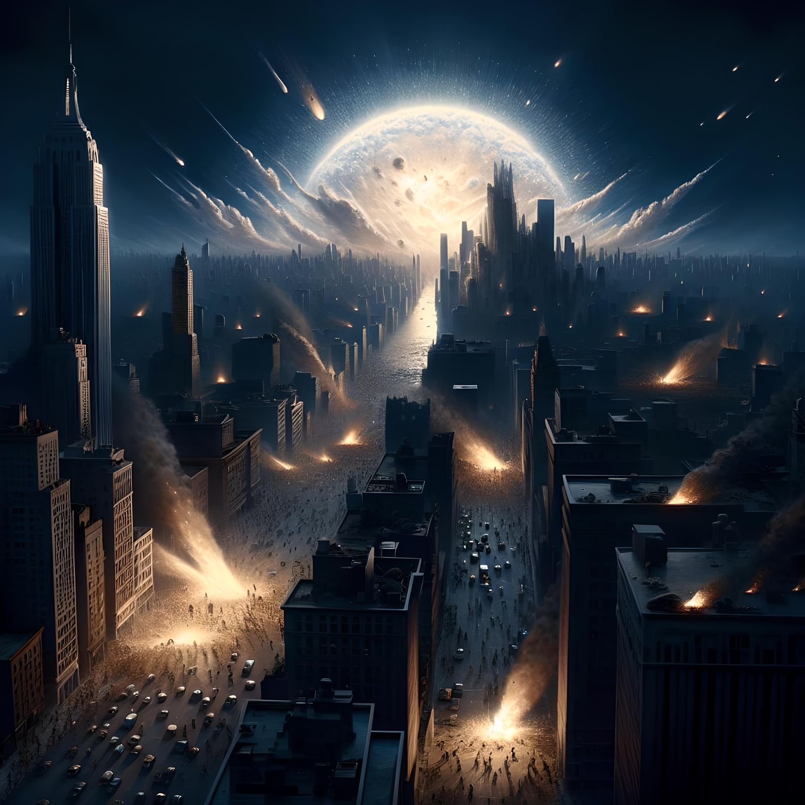 Cityscape Under Celestial Attack: Dramatic AI Image
