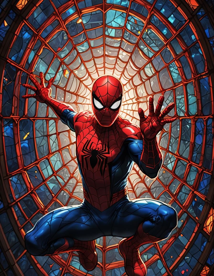 Spider-Man Stained Glass with Glowing Webs