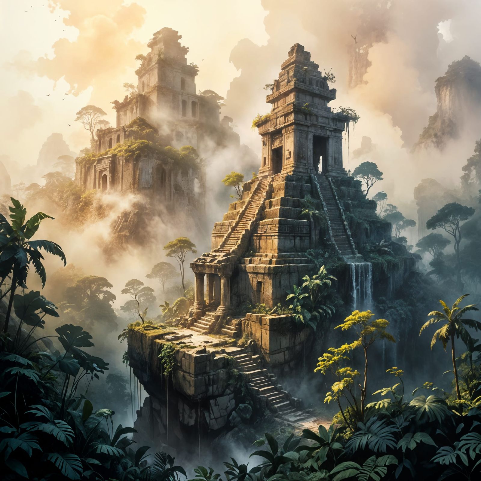 Fantasy Mayan Ruins Emerge from Misty Jungle