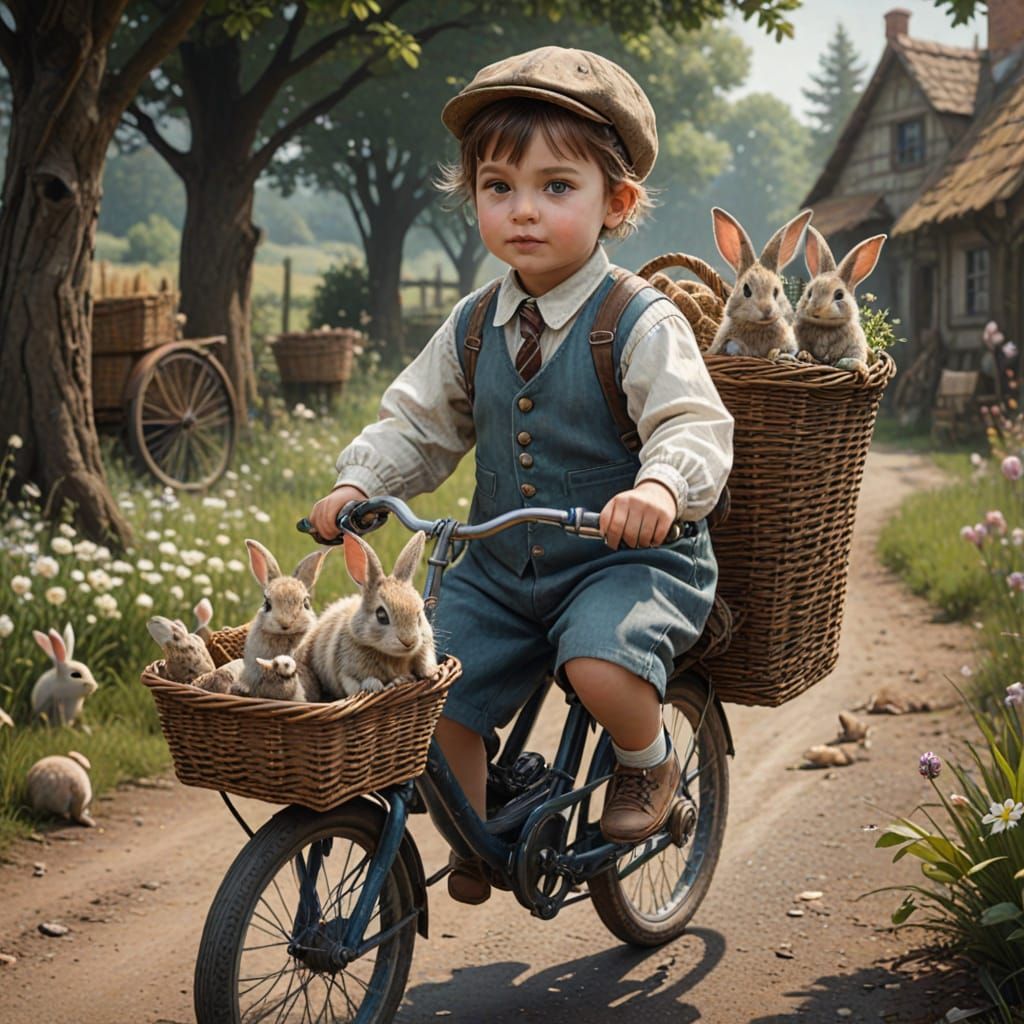 Whimsical Child on Bike with Bunnies in Vintage Style Fantas...