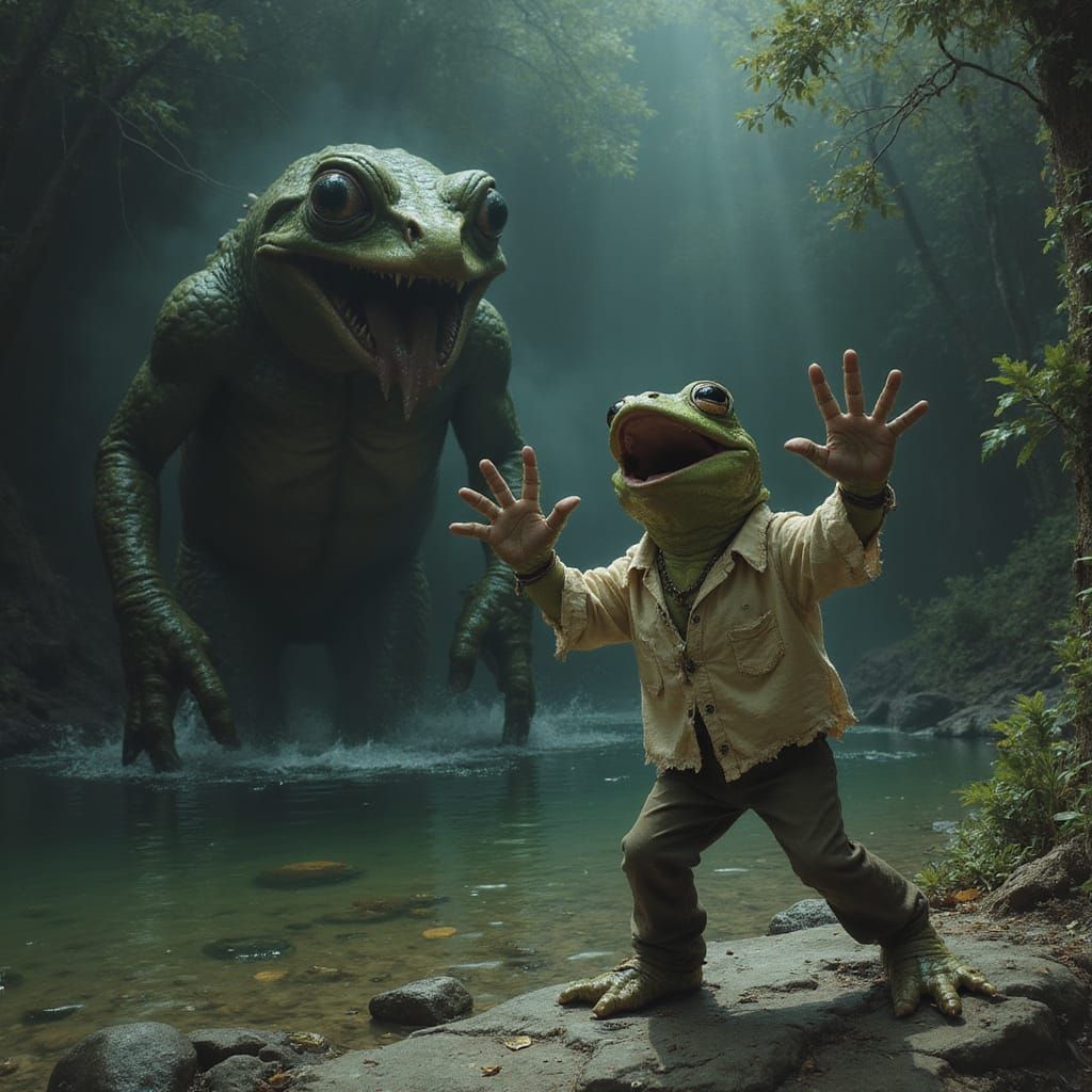 Startled Frog Encounters Creature from the Black Lagoon