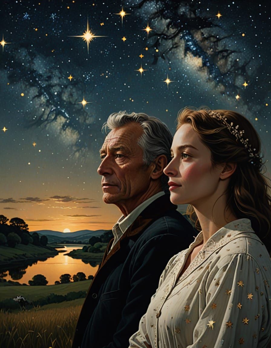 Couple Gazing at Starry Sky in Naturalistic Style