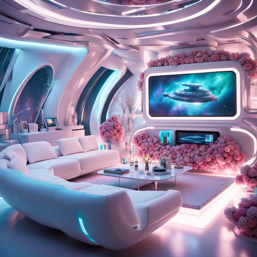 Futuristic Spaceship Living Room with Hologram Flowers