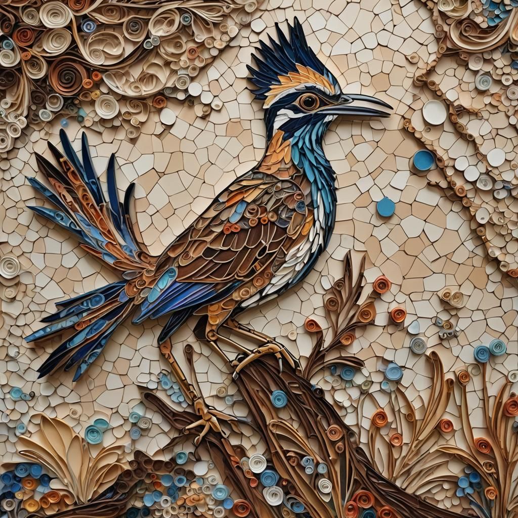 Roadrunner in Mojave Desert: Mixed Media Collage