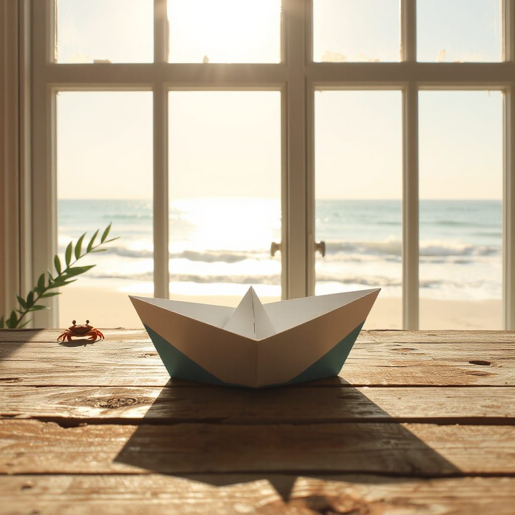 Adorable Paper Boat with Red Crab on Sunny Beach