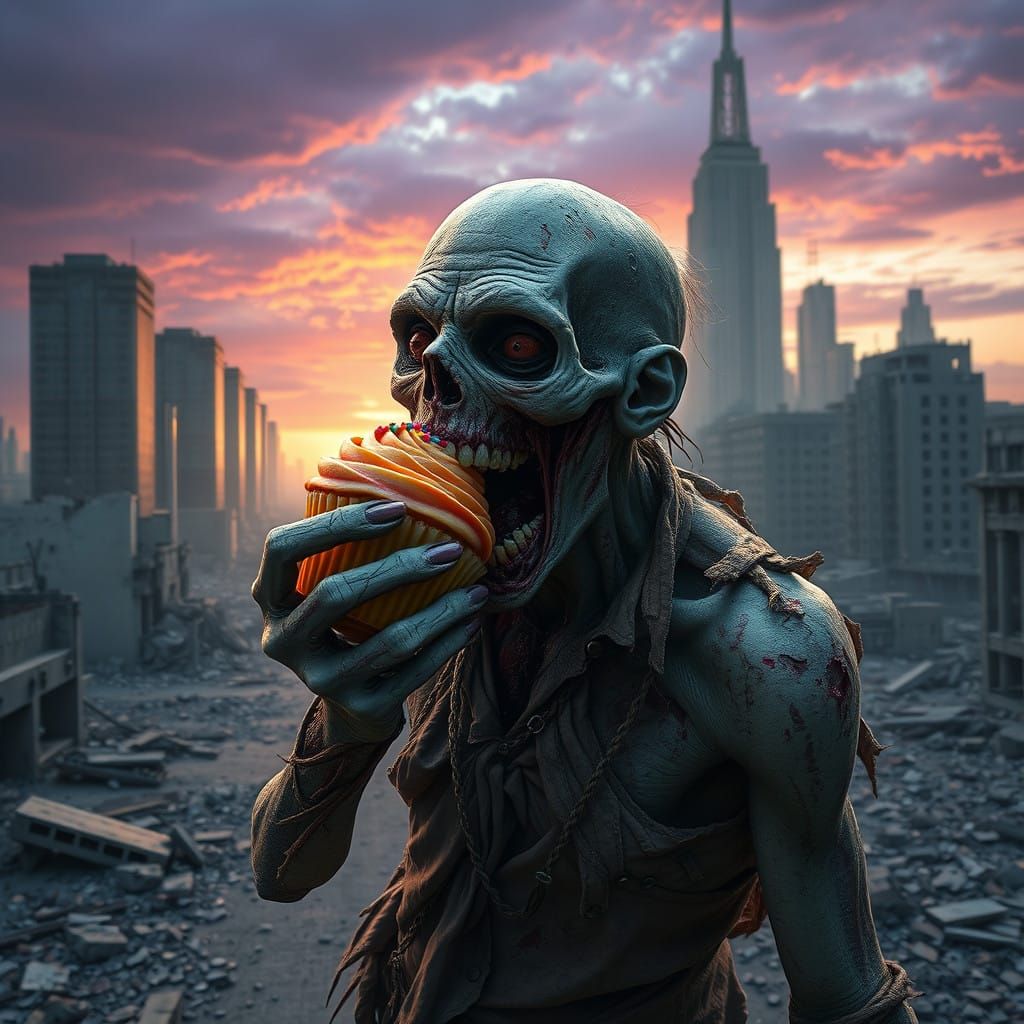 Grotesque Zombie Savoring Sweet Cupcake in Post-Apocalyptic....